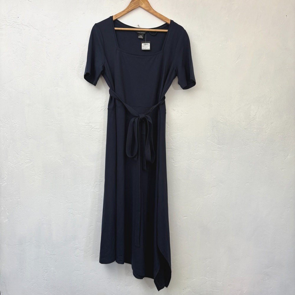 Club Monaco Square Neck Dress Women Size XL Navy Blue Midi Belted Asymmetric New